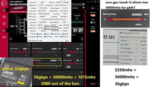 RTX 5080 GDDR7显存解锁超频：高达36GHz！